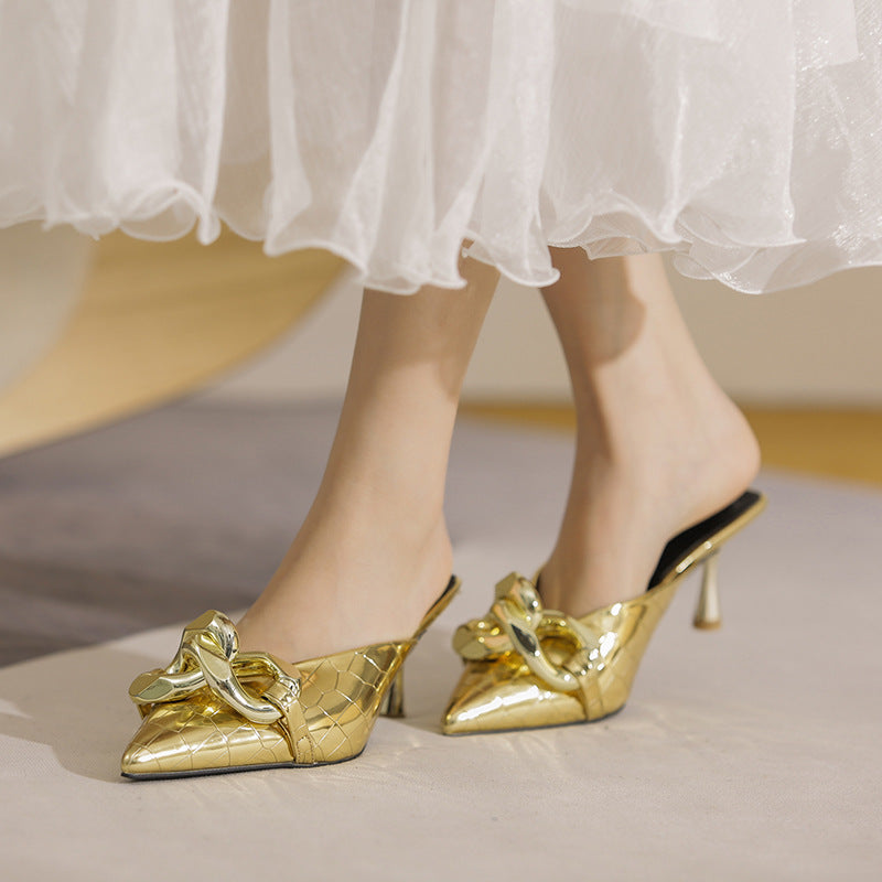Wholesale sandals and slippers women wear high heels silver chain pointed toe